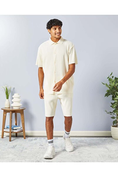 REDTAG Men Ivory Ribbed Lounge Shorts