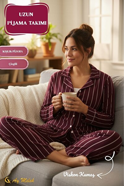 AYMELEK Women's Pajama Set Cotton Polo Neck Striped Set