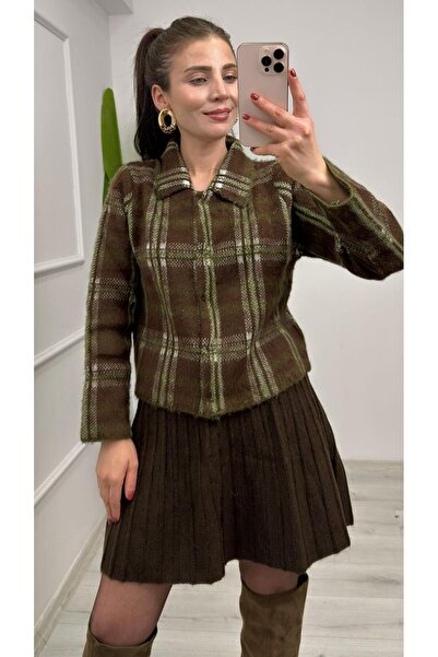 TUNAM BUTİK 4708 كارديجان ناعم بنمط خطوط وأزرار كبس باللون الأخضر والبني