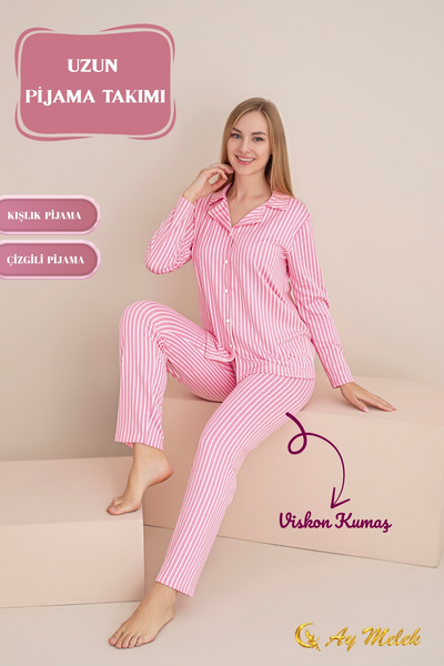 AYMELEK Women's Pajama Set Cotton Polo Neck Striped Set