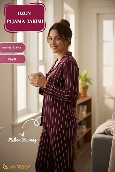 AYMELEK Women's Pajama Set Cotton Polo Neck Striped Set