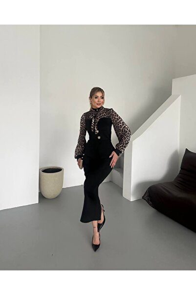 Siseniorita Rochie Midi Elegantă Dama cu Top Tip Sacou și Mâneci cu Imprimeu Leopard, Guler Înalt cu Fundă