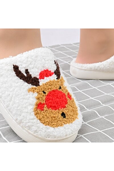 Tmall Papuci de damă din bumbac, cu ren, cu blană, TM1PD1064, alb/maro