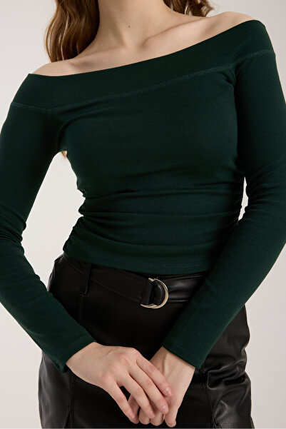 Kallisto Πράσινη μπλούζα με μακρυμάνικο γιακά ντραπέ Modal