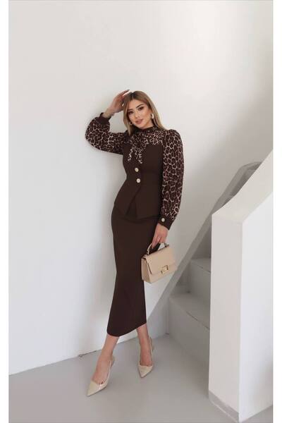 Siseniorita Women's Elegant Midi Dress with Jacket Top and Leopard Printed Sleeves, High Collar with Bow