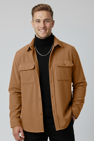 DeepSEA Ανδρικό πουκάμισο Camel ελαστικό ύφασμα Velvet Fabric Relaxed Fit – Μαλακή υφή, κομψό σχέδιο 2600759