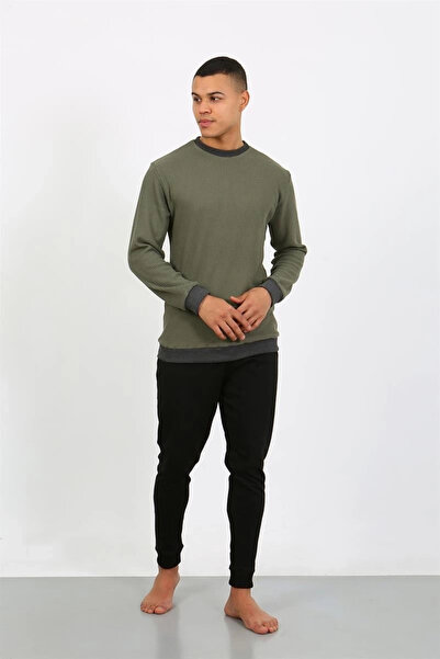 alfa expres Clothing Men's Long Sleeve Cuffed Leg Combed Cotton Pajama Set Khaki