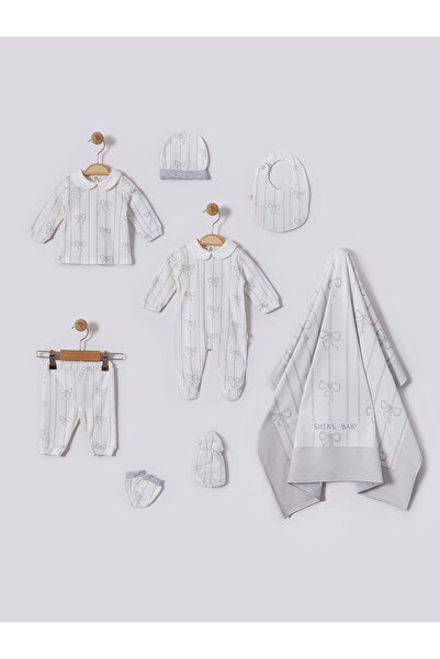 Baby shine 7-piece Turkish set with bow design - 100% natural cotton - Gray color