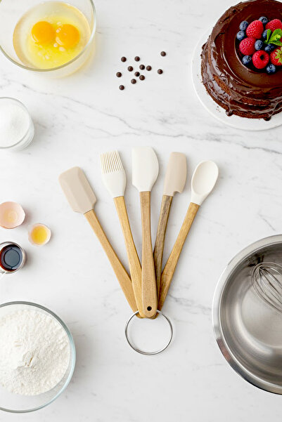 Kitchen Life 5 Pieces Bamboo Handle Silicone Spatula Set Cake, Cookie, Oil Brush and Spoon Set