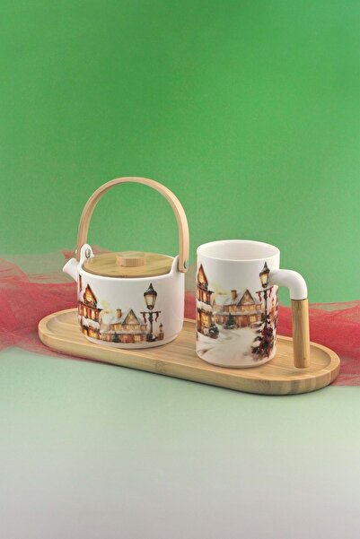 Bursa Porselen Dekor طقم إبريق شاي من البورسلين مع صينية من الخيزران لعيد الم...