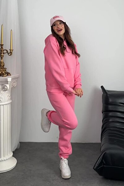 Behind Look طقم بدلة رياضية نسائية مكونة من مبطن بالصوف قطع بغطاء للرأس وسروال مطاطي باللون الوردي