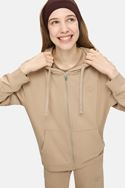 UCLA Γυναικείο φούτερ ALLURA Dark Beige με κουκούλα με στάμπα με ριγέ ριγέ χαλαρή εφαρμογή