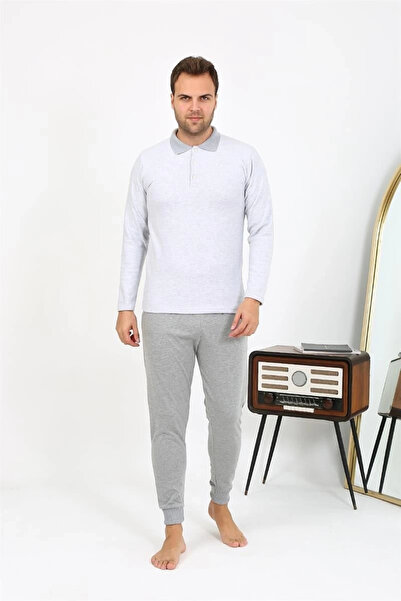 alfa expres Clothing Men's Polo Neck Long Sleeve Combed Cotton Pajama Set Gray
