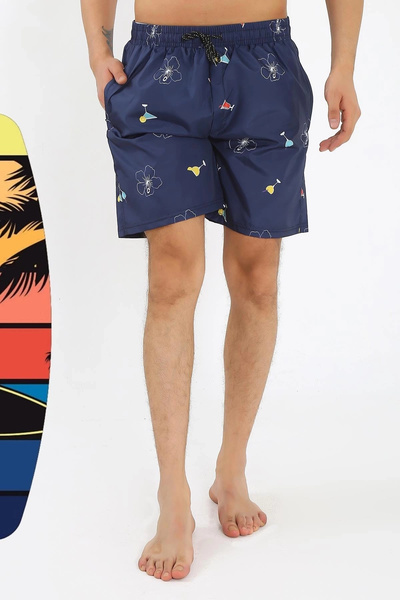 alfa expres Clothing Men's Patterned Zipper Pocket Swim Shorts Navy Blue