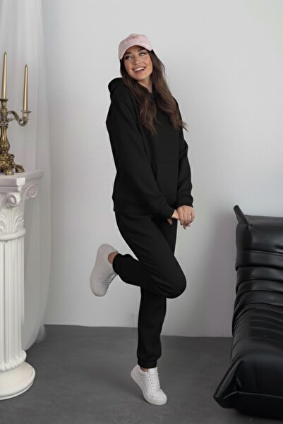 Behind Look طقم بدلة رياضية نسائية مكونة من مبطن بالصوف قطع بغطاء للرأس وسروال مطاطي باللون الأسود