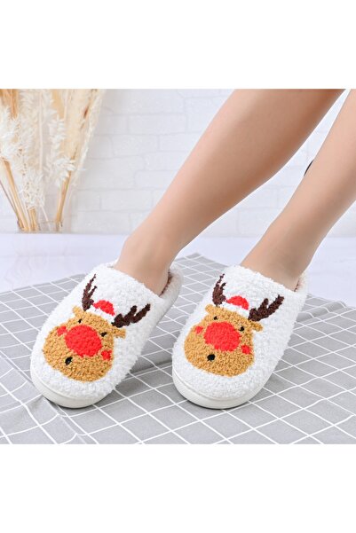 Tmall Papuci de damă din bumbac, cu ren, cu blană, TM1PD1064, alb/maro