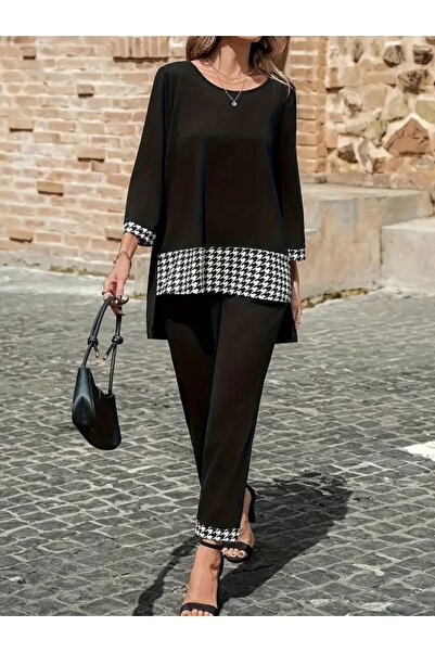 Meleners Women's Long Sleeve Round Neck Goose Feet Detailed Viscose Two Thread Blouse and Pants Two-Piece Set