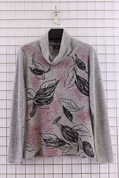 YXL COLLECTION Women's Plus Size Stretch Fabric Throaty Leaf Printed Soft Sweater Mother Blouse