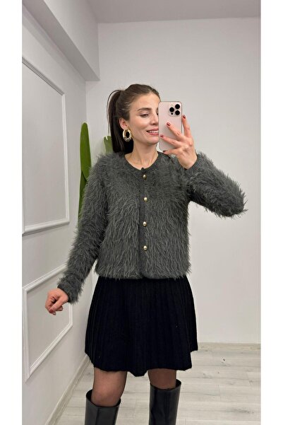 TUNAM BUTİK 4938 Gold Button Detailed Soft Cardigan Anthracite