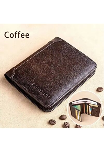 BANYANU Portable men's genuine leather anti-theft ultra-thin multi-card slot short wallet, coffee color
