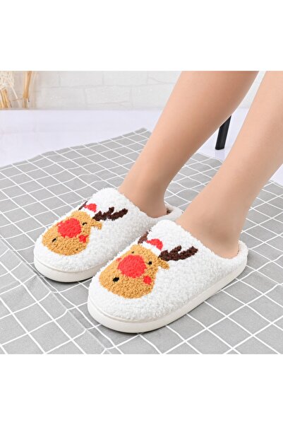 Tmall Papuci de damă din bumbac, cu ren, cu blană, TM1PD1064, alb/maro