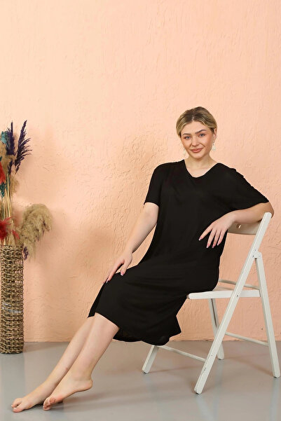 alfa expres Clothing Women's Short Sleeve Below Knee over Size Black Home Dress - Nightgown