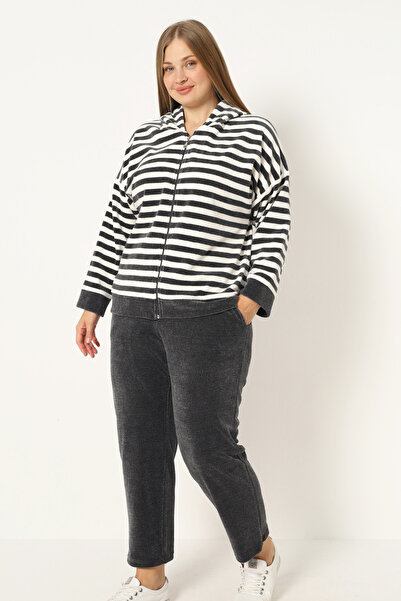 İntensive Women's Plus Size Striped Zippered Hooded Pocket Long Sleeve Cotton Velvet Bottom-Top Tracksuit Set