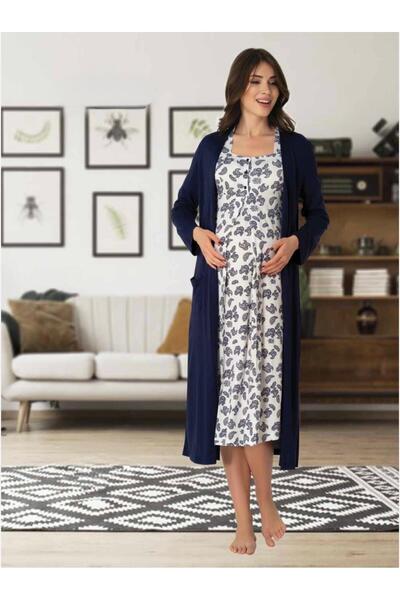 Lohusa Homewear Women's Navy Blue Patterned Short Sleeve Midi Length Maternit...