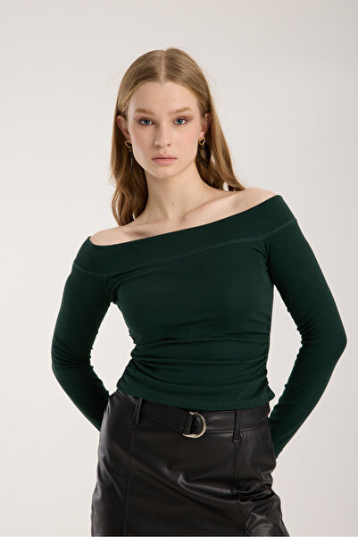 Kallisto Πράσινη μπλούζα με μακρυμάνικο γιακά ντραπέ Modal