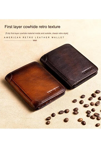 BANYANU Portable men's genuine leather anti-theft ultra-thin multi-card slot short wallet, coffee color