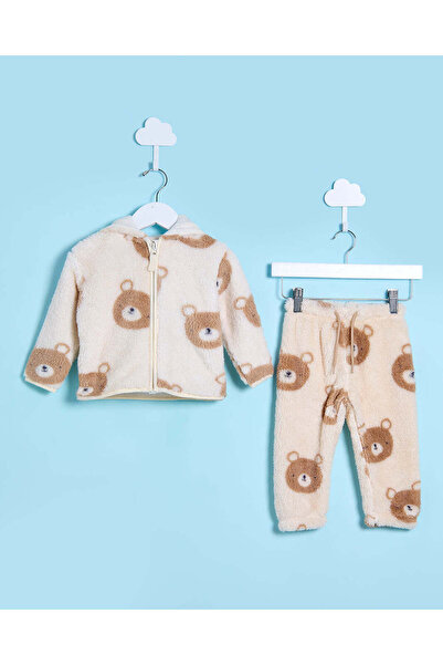 REDTAG بدلة رياضية مطبوعة بدب باللون البيج للأولاد الرضع (قطعتان)