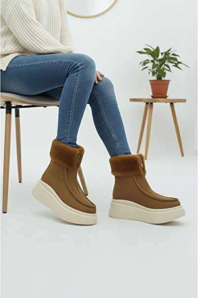 LETAO Γυναικείες μπότες με φερμουάρ με λεπτομέρεια από γούνα με χοντρή σόλα από καπνιστό καστόρι