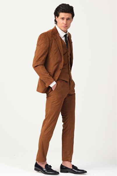 Plus Scorpion Taba Fitilli Kadife Erkek Takım Elbise – 3 Parça Yelekli, Şık ve Modern Slim Fit Kesim
