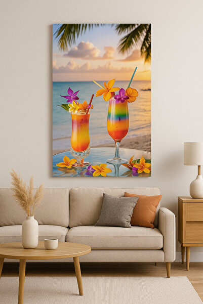 BLT DİZAYN Pictură decorativă pe sticlă cu cocktail tropical și apus de soare...