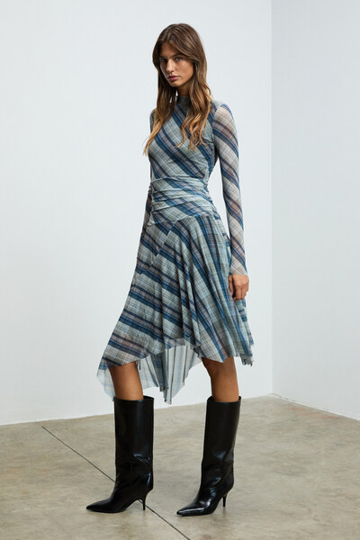 GRIMELANGE Terlus Women's Stretchy Fabric Waist Detailed High Neck Multi-Colored Dress