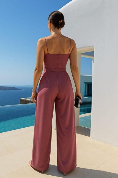 pelinzen Women's Black Imported Crepe Fabric Strap Wide Leg Jumpsuit Dress Gulkurusu 582101