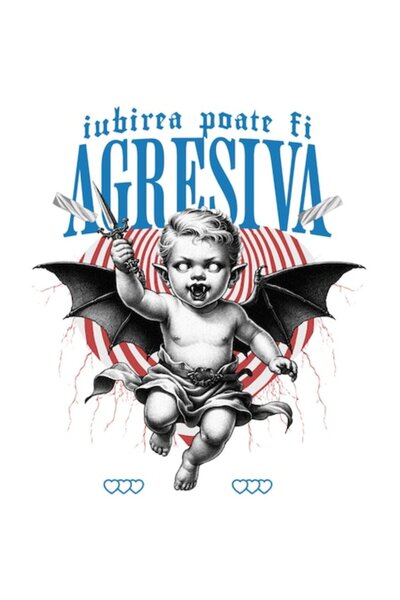 OEM Autocolant bebeluș cu aripi de diavol și cuțit - „Dragostea poate fi agre...