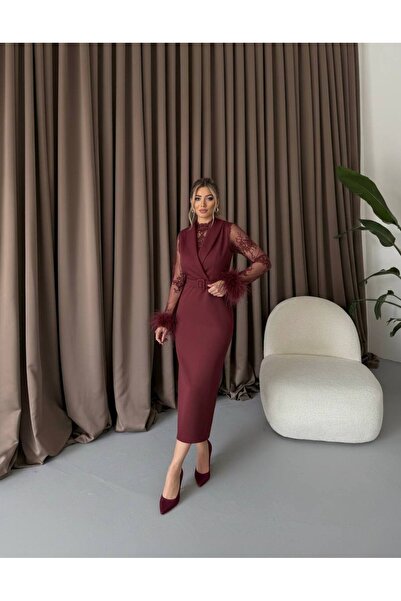 Siseniorita Rochie Midi Elegantă Dama, Cu Mâneci Transparente din Dantelă și Manșete cu Pene, Rever Tip Sacou