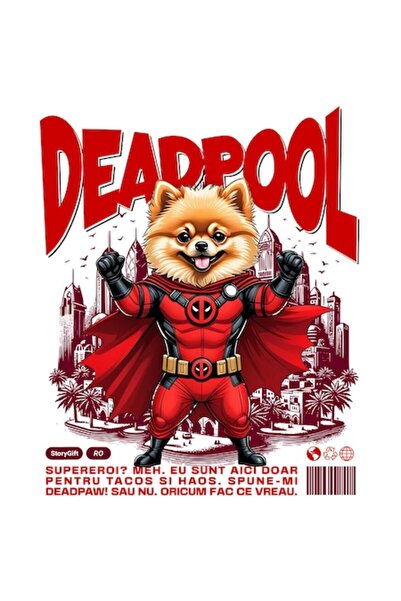 OEM Autocolant câine Pomeranian în costum Deadpool cu ​​pelerină, vinil PVC, ...