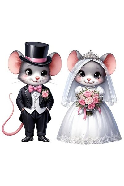 OEM Autocolant cu 2 șoricei la nuntă, mire și mireasă, buchet — vinil PVC, 23 cm