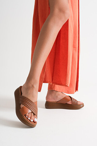 Momshopp Fayn Tan Knitted Patterned Genuine Leather Slippers