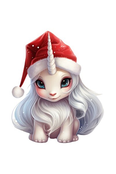OEM Autocolant unicorn cu pălărie de Crăciun, vinil PVC, 15 cm, bordură albă