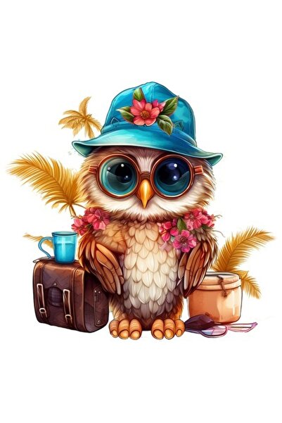 OEM Autocolant bufniță cu pălărie de soare, bagaje, palmieri, mare, ochelari ...