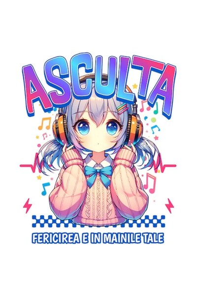 OEM Autocolant cu față de anime, păr mov și căști, text în limba română, 15 cm