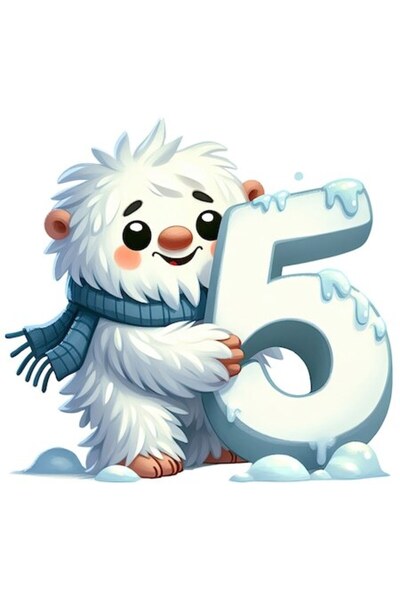 OEM Autocolant Yeti ținând „5”, ilustrație, bordură albă, vinil PVC, 23 cm