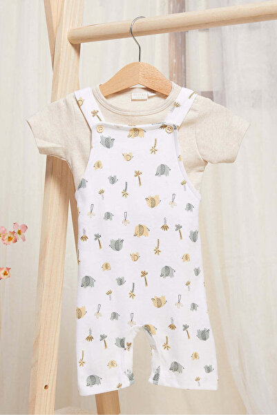 REDTAG Baby White And Beige Printed Dungaree Set (2 Piece)