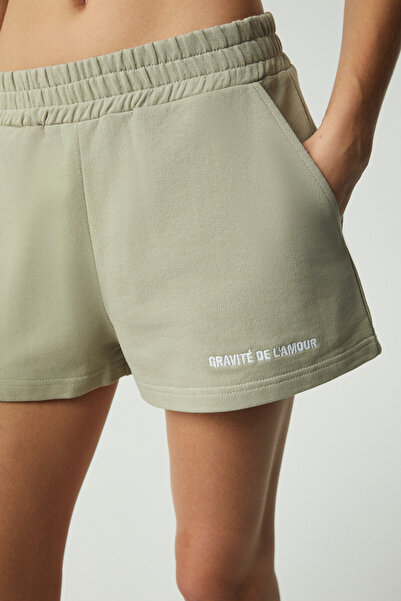 GRIMELANGE CARROL Kadın Nakış İşlemeli Beli Lastikli 3 İplik Organik Pamuk Relaxed Gri Şort