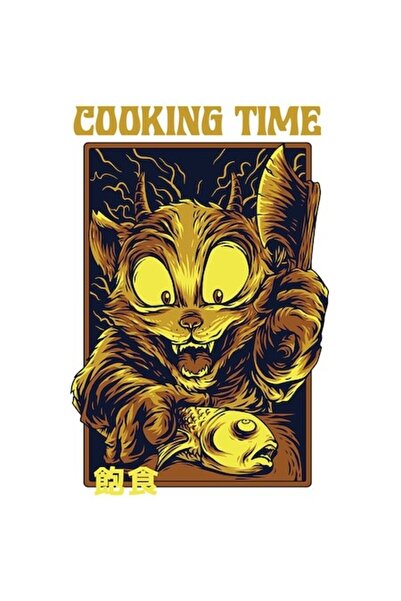 OEM Autocolant portret pisică nebună cu cuțit și pește mort — „Timp de gătire...