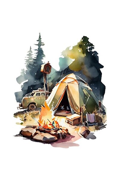 OEM Autocolant peisaj camping cu cort și foc de tabără, pădure — vinil PVC 28 cm