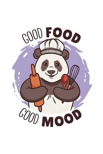 OEM Autocolant cu panda bucătar, text „Mâncare bună, dispoziție bună”, bordur...